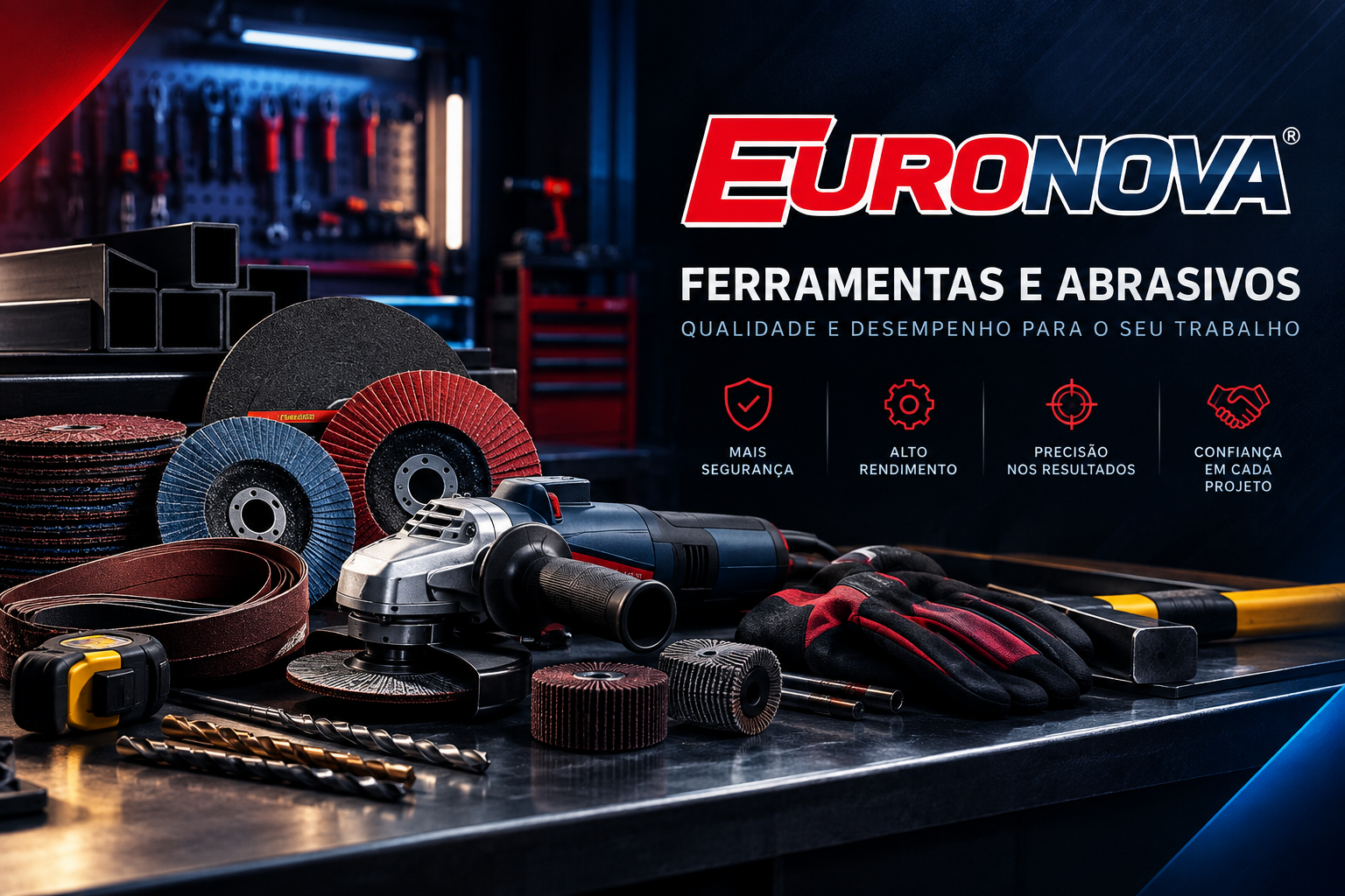 Ferramentas e abrasivos EuroNova em uma bancada de trabalho